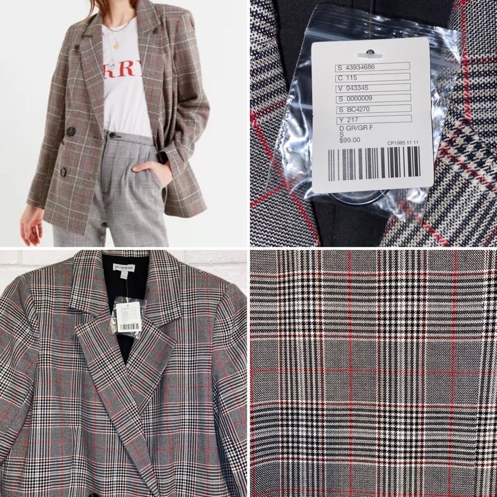 New Urban Outfitters $99 Plaid Double Breasted Red Blk Check Blazer Small NWT